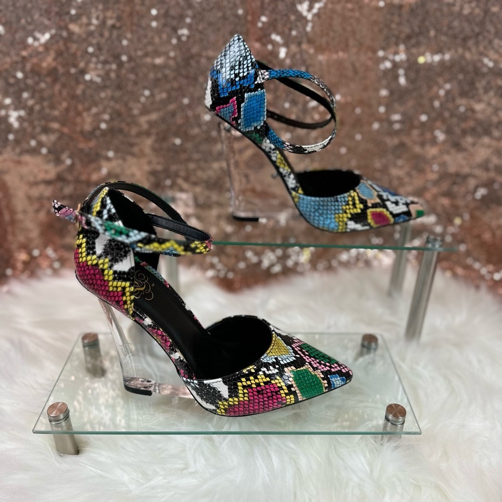Size 7, Multicolored Snake Print, Clear Wedge Hee… - image 4